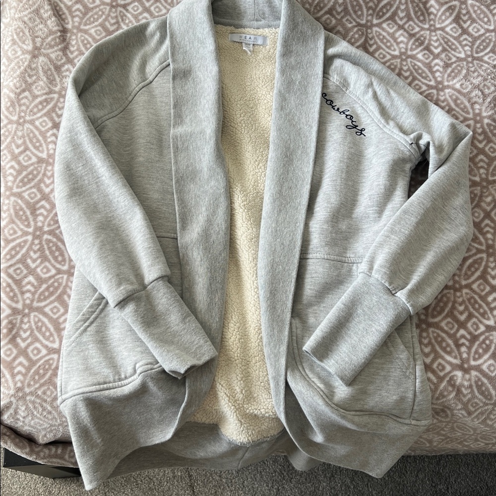 NWOT Cozy Gray Open Front Cardigan with Dallas Cowboys Embroidered Detail